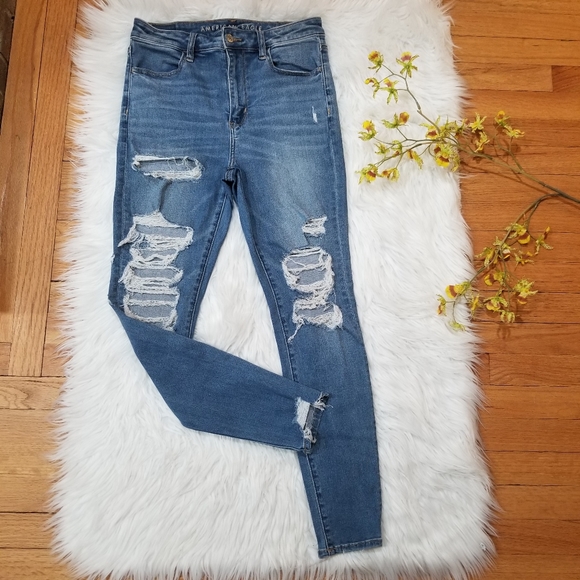 American Eagle Outfitters Denim - AMERICAN EAGLE Distressed Jeans Super Hi-Rise Jegging Color Washed Blue Size 8 R
